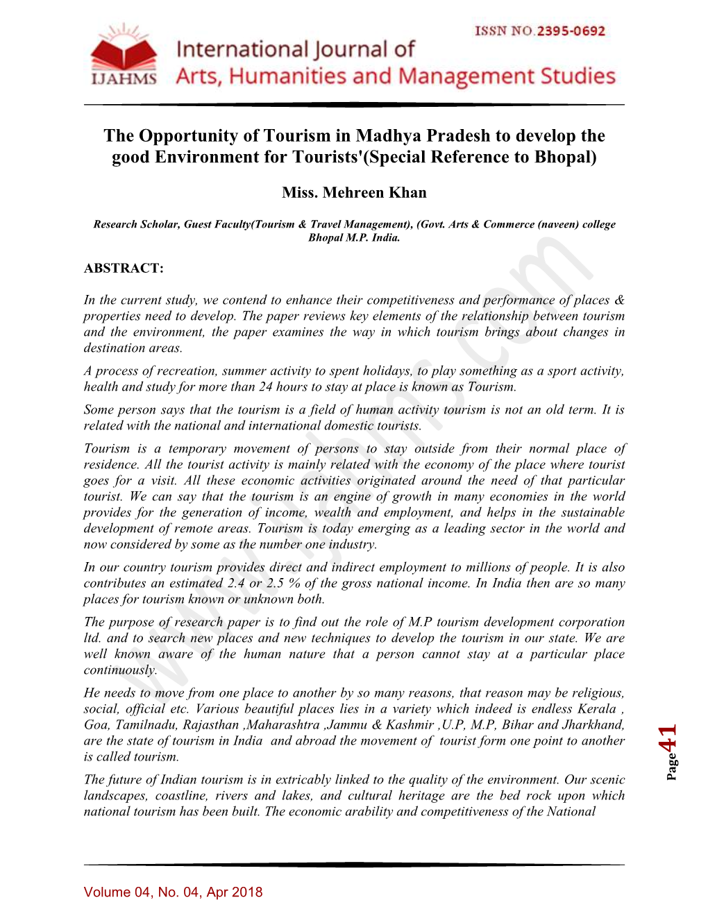 The Opportunity of Tourism in Madhya Pradesh to Develop the Good Environment for Tourists'(Special Reference to Bhopal)