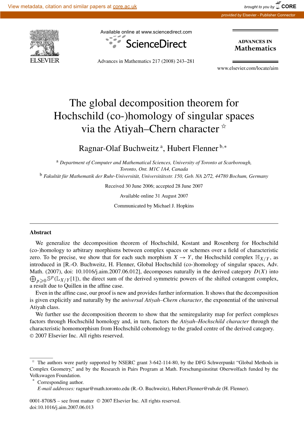 The Global Decomposition Theorem for Hochschild (Co-)Homology of Singular Spaces Via the Atiyah–Chern Character ✩