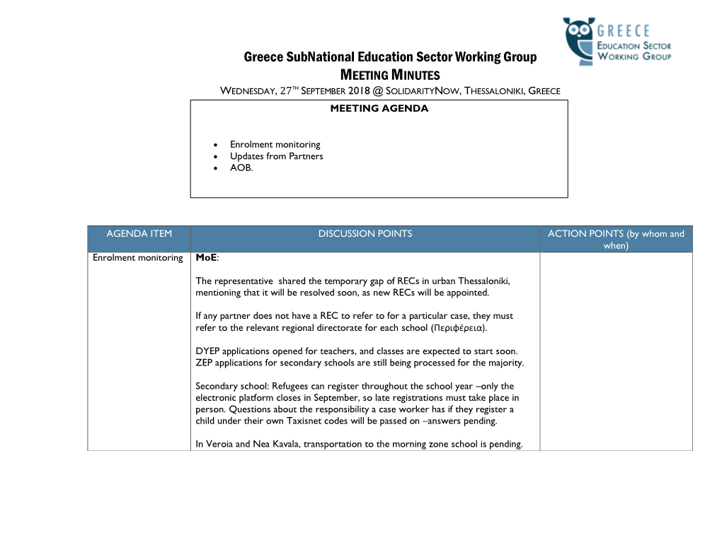 Greece Subnational Education Sector Working Group MEETING MINUTES WEDNESDAY, 27TH SEPTEMBER 2018 @ SOLIDARITYNOW, THESSALONIKI, GREECE MEETING AGENDA