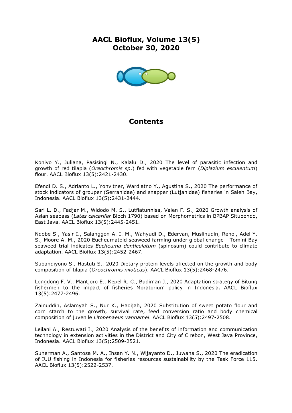 AACL Bioflux, Volume 13(5) October 30, 2020 Contents