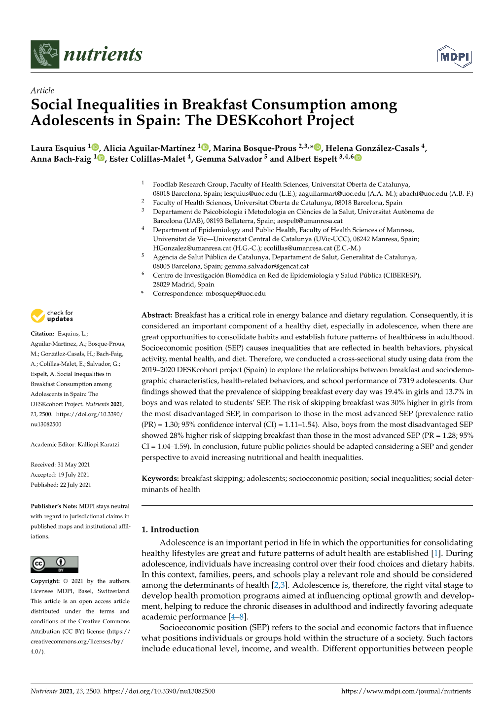 Social Inequalities in Breakfast Consumption Among Adolescents in Spain: the Deskcohort Project