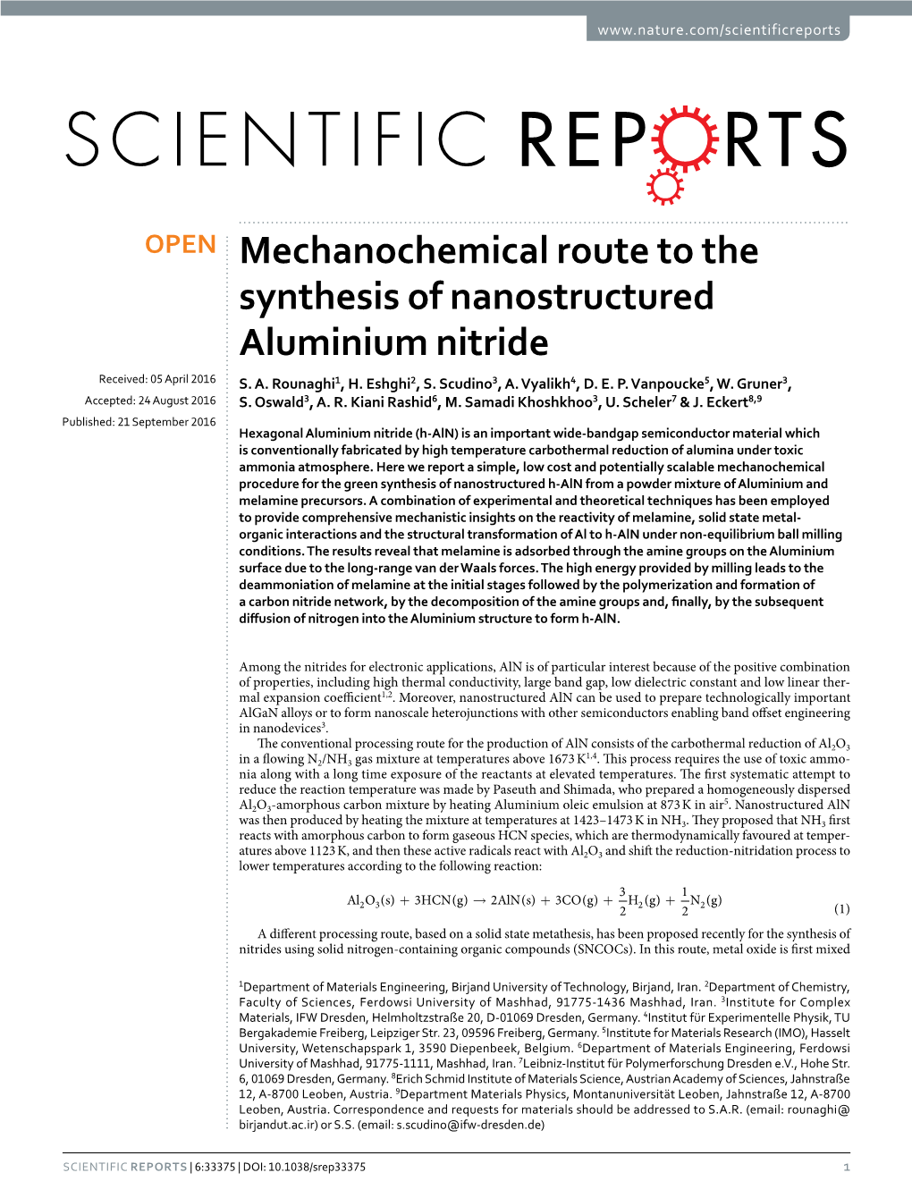 Mechanochemical Route to the Synthesis of Nanostructured Aluminium Nitride Received: 05 April 2016 S