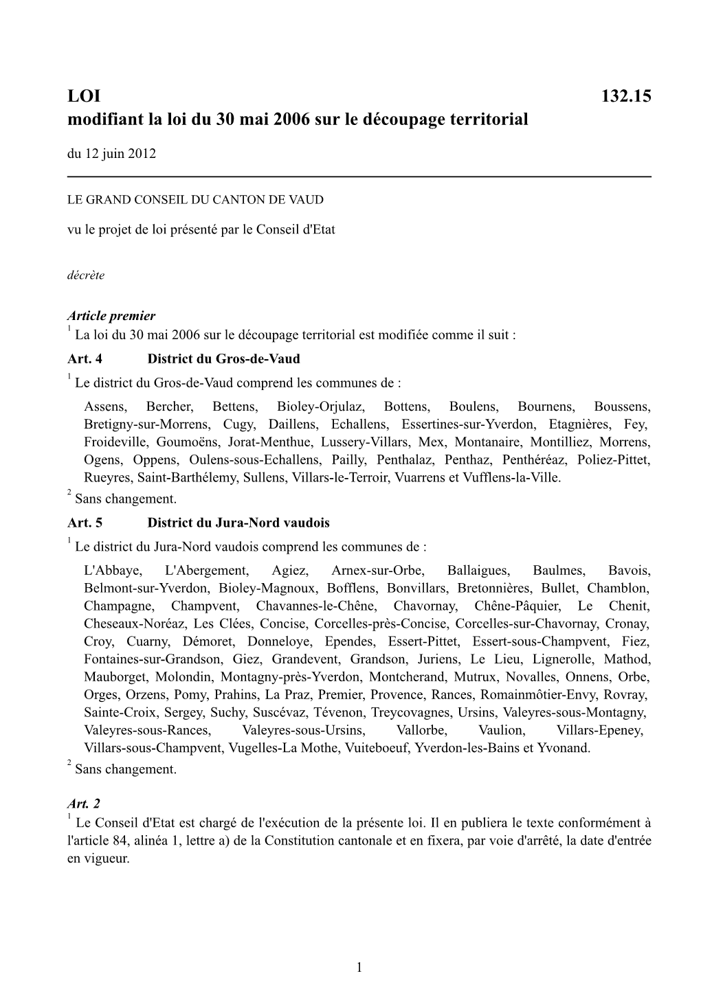 LOI 132.15 Modifiant La Loi Du 30 Mai 2006 Sur Le Découpage Territorial Du 12 Juin 2012