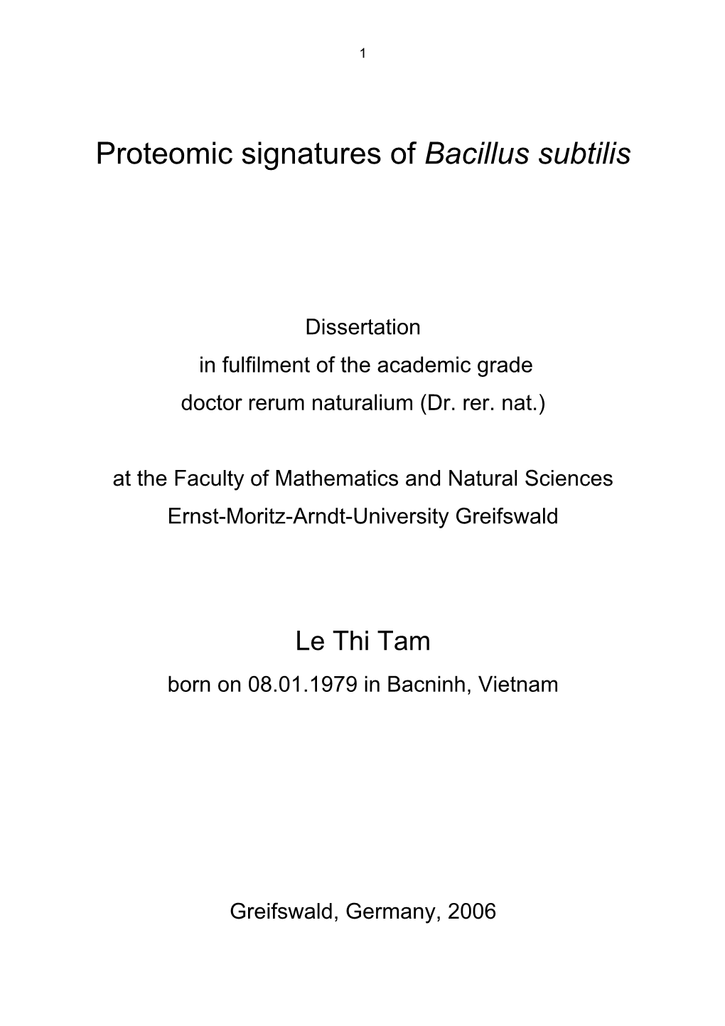 Proteomic Signatures of Bacillus Subtilis