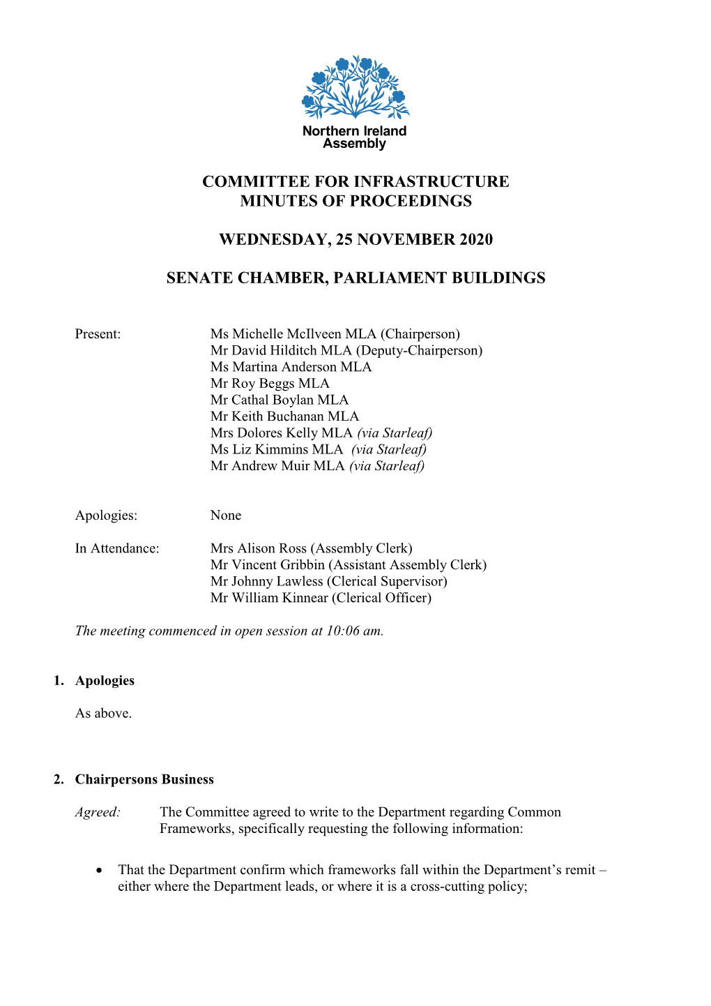 Committee for Infrastructure Minutes of Proceedings