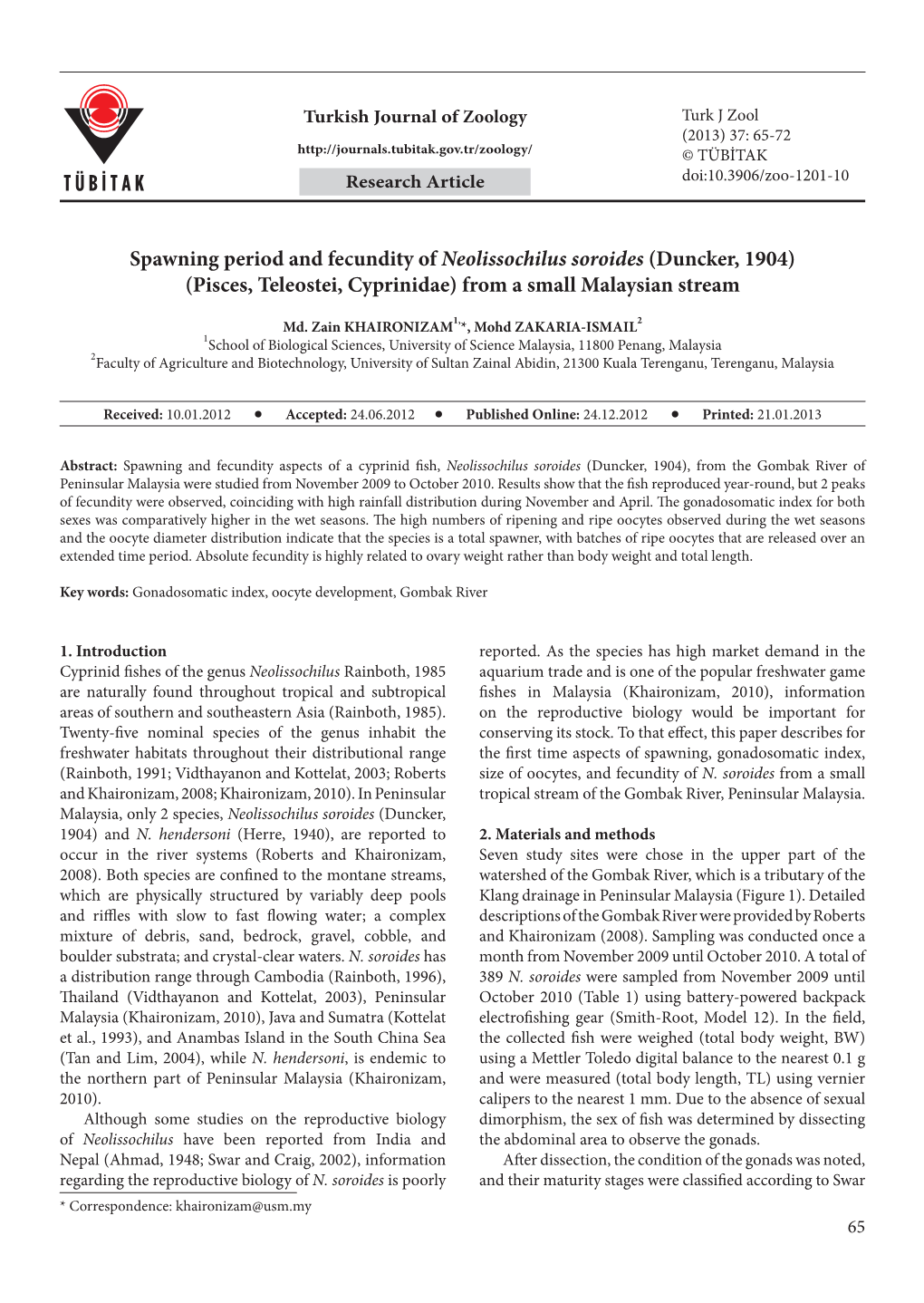 Spawning Period and Fecundity of Neolissochilus Soroides (Duncker, 1904) (Pisces, Teleostei, Cyprinidae) from a Small Malaysian Stream