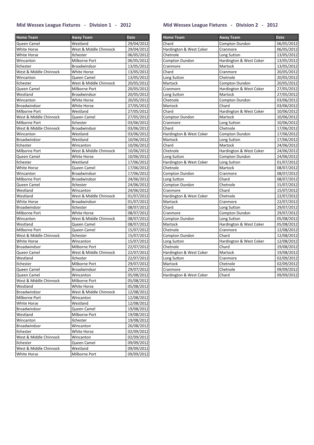 2012 Mid Wessex League Fixtures - Division 2 - 2012