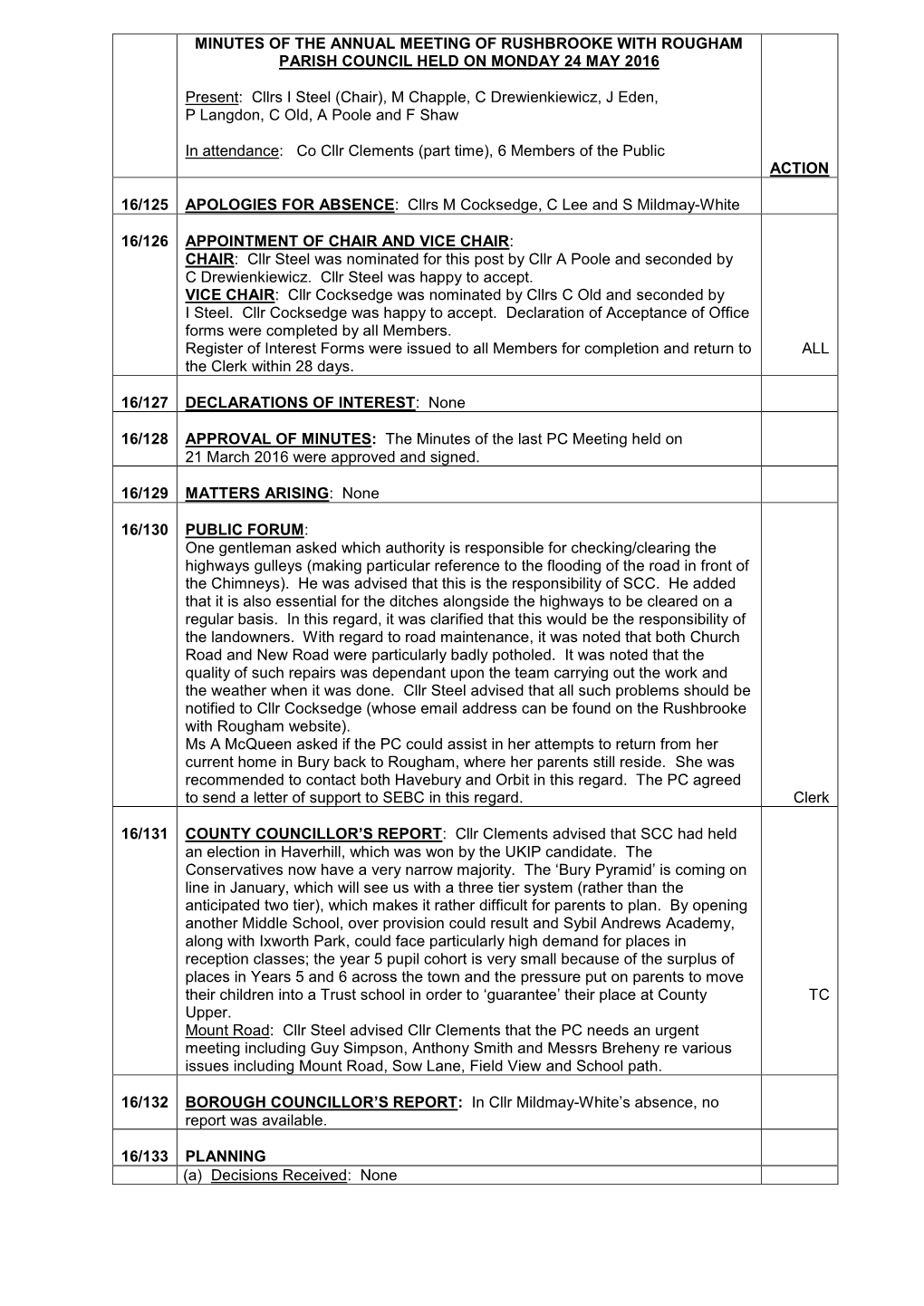 Minutes of the Annual Meeting of Rushbrooke with Rougham Parish Council Held on Monday 24 May 2016