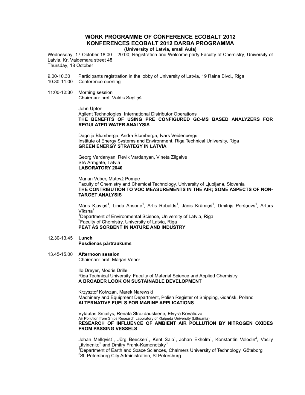 Work Programme of Conference Ecobalt 2012