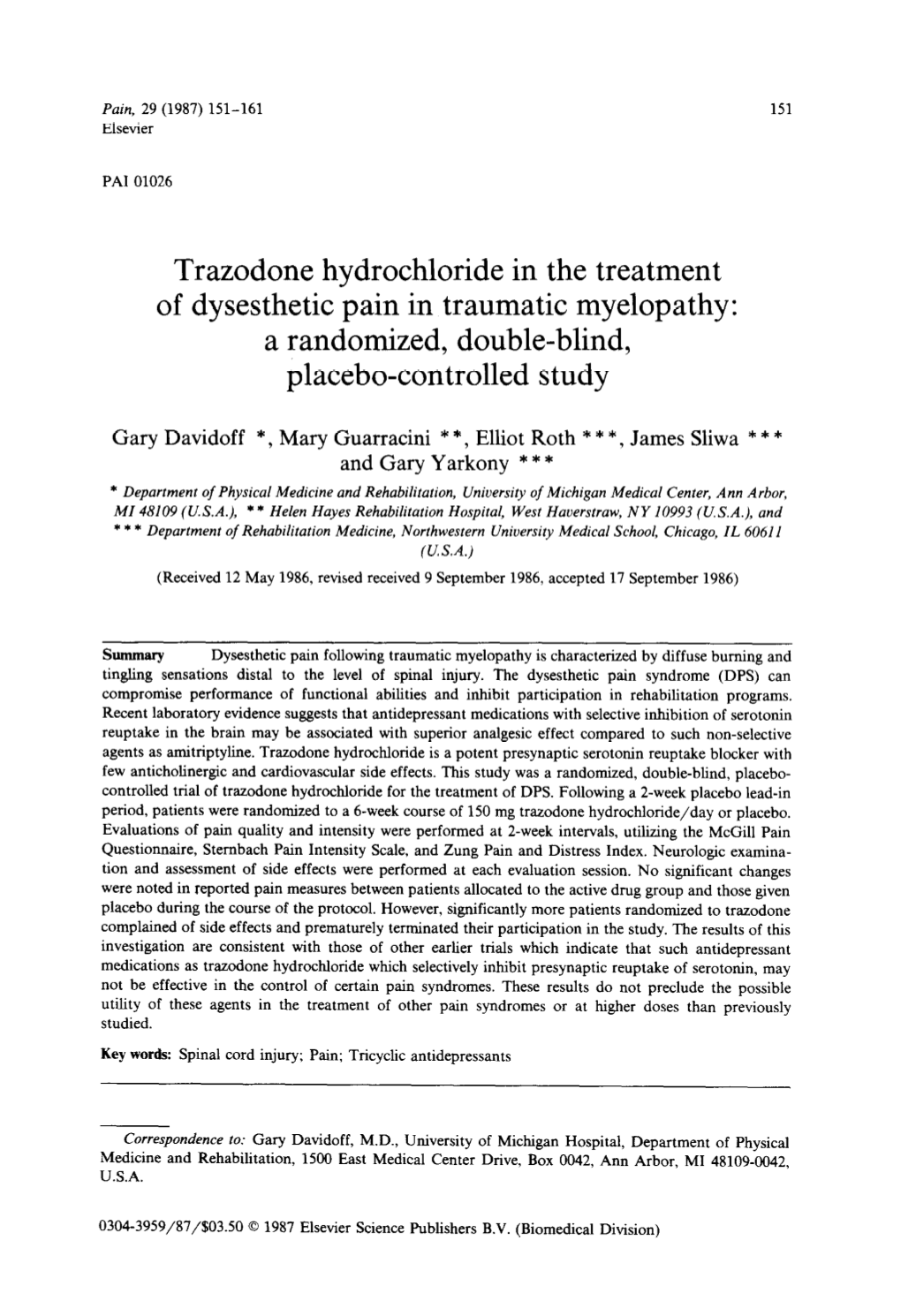 Trazodone Hydrochloride in the Treatment of Dysesthetic Pain in Traumatic Myelopathy: a Randomized, Double-Blind, Placebo-Controlled Study