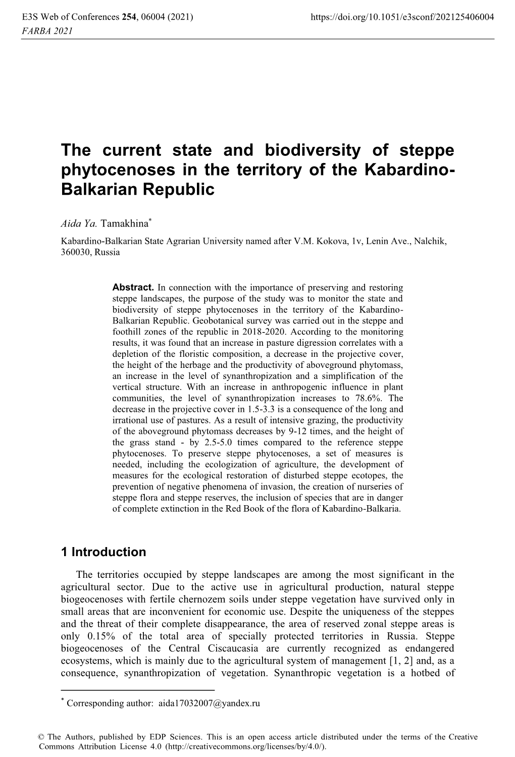 The Current State and Biodiversity of Steppe Phytocenoses in the Territory of the Kabardino- Balkarian Republic