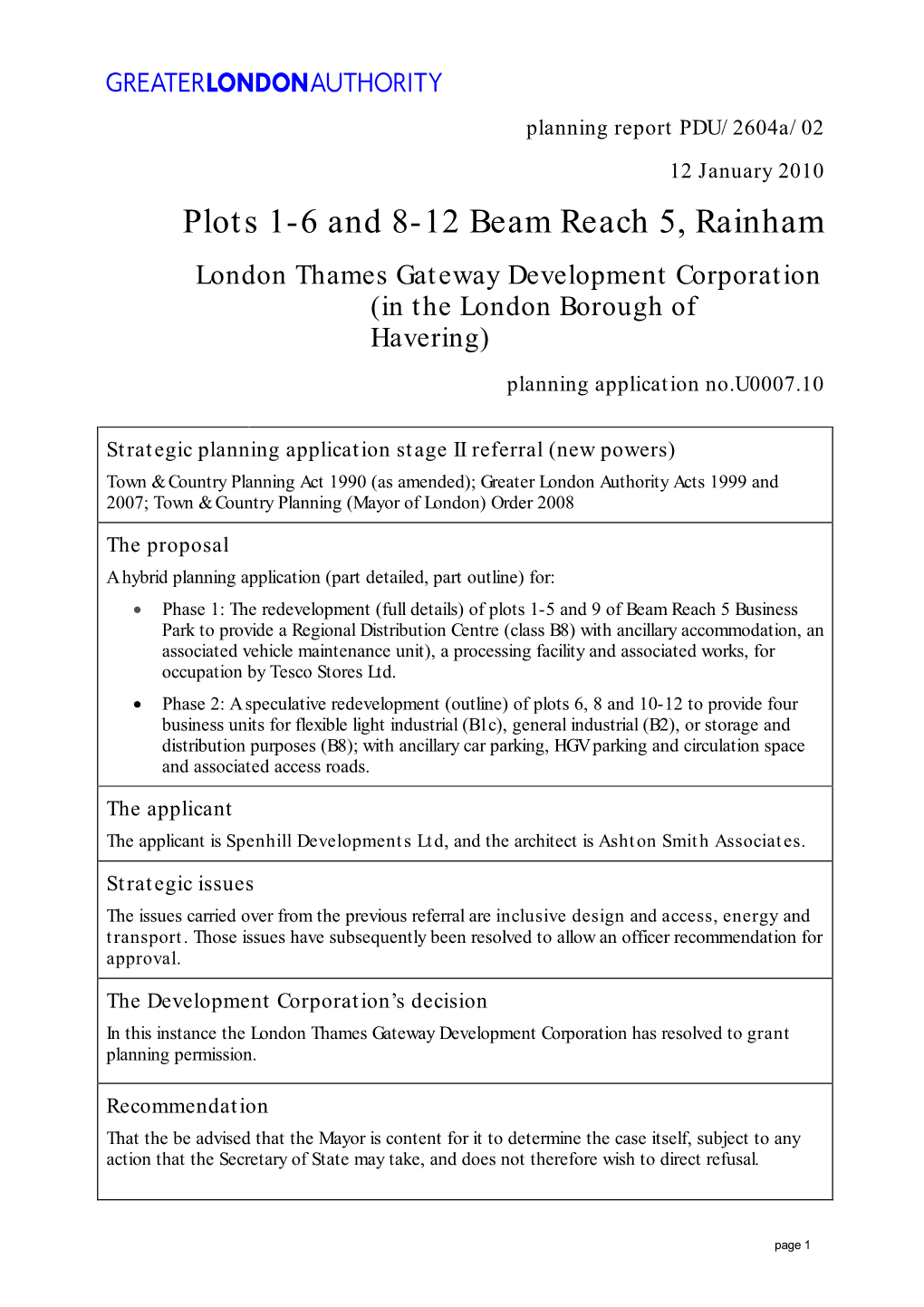 Plots 1-6 and 8-12 Beam Reach 5, Rainham London Thames Gateway Development Corporation (In the London Borough of Havering) Planning Application No.U0007.10