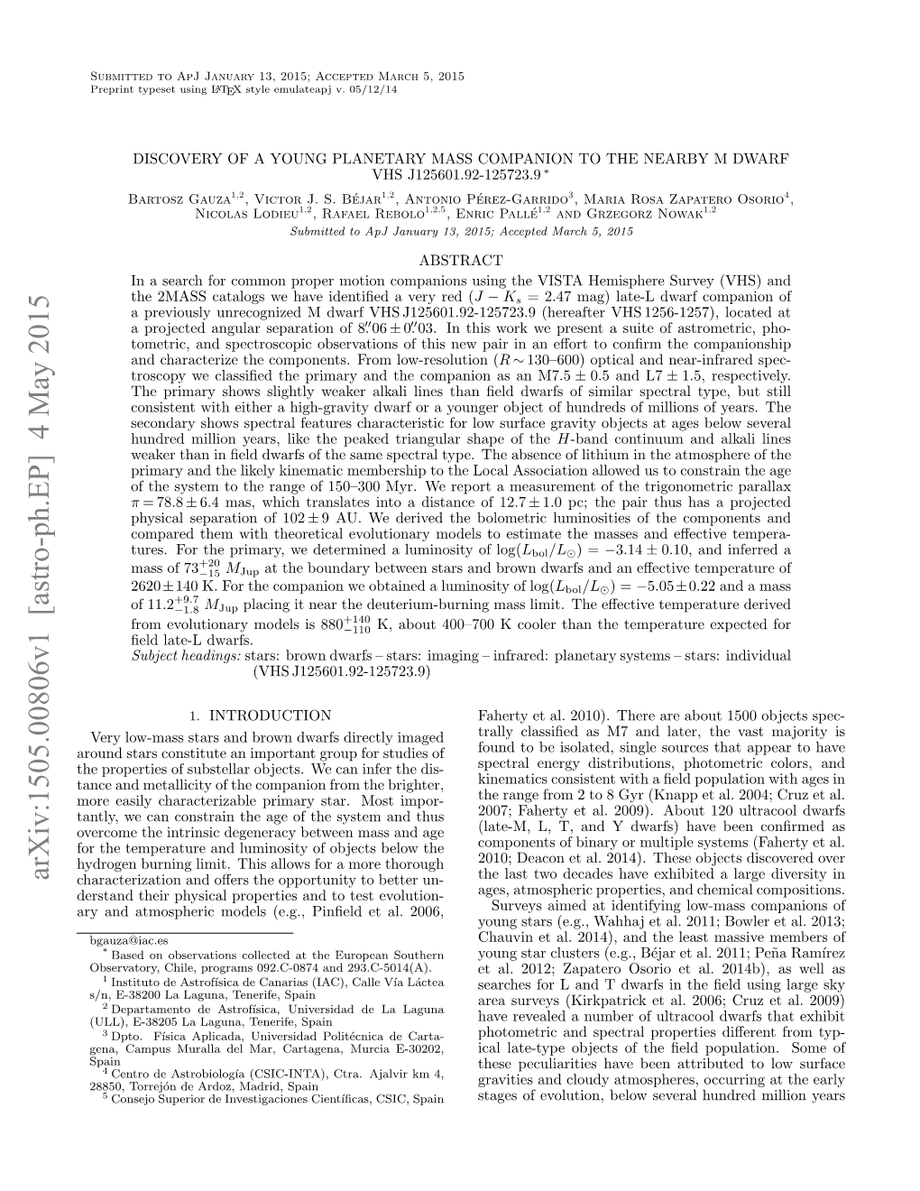 Arxiv:1505.00806V1 [Astro-Ph.EP] 4 May 2015