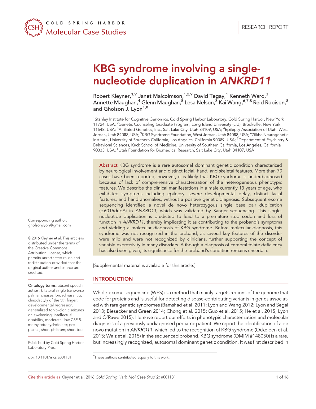 KBG Syndrome Involving a Single- Nucleotide Duplication in ANKRD11