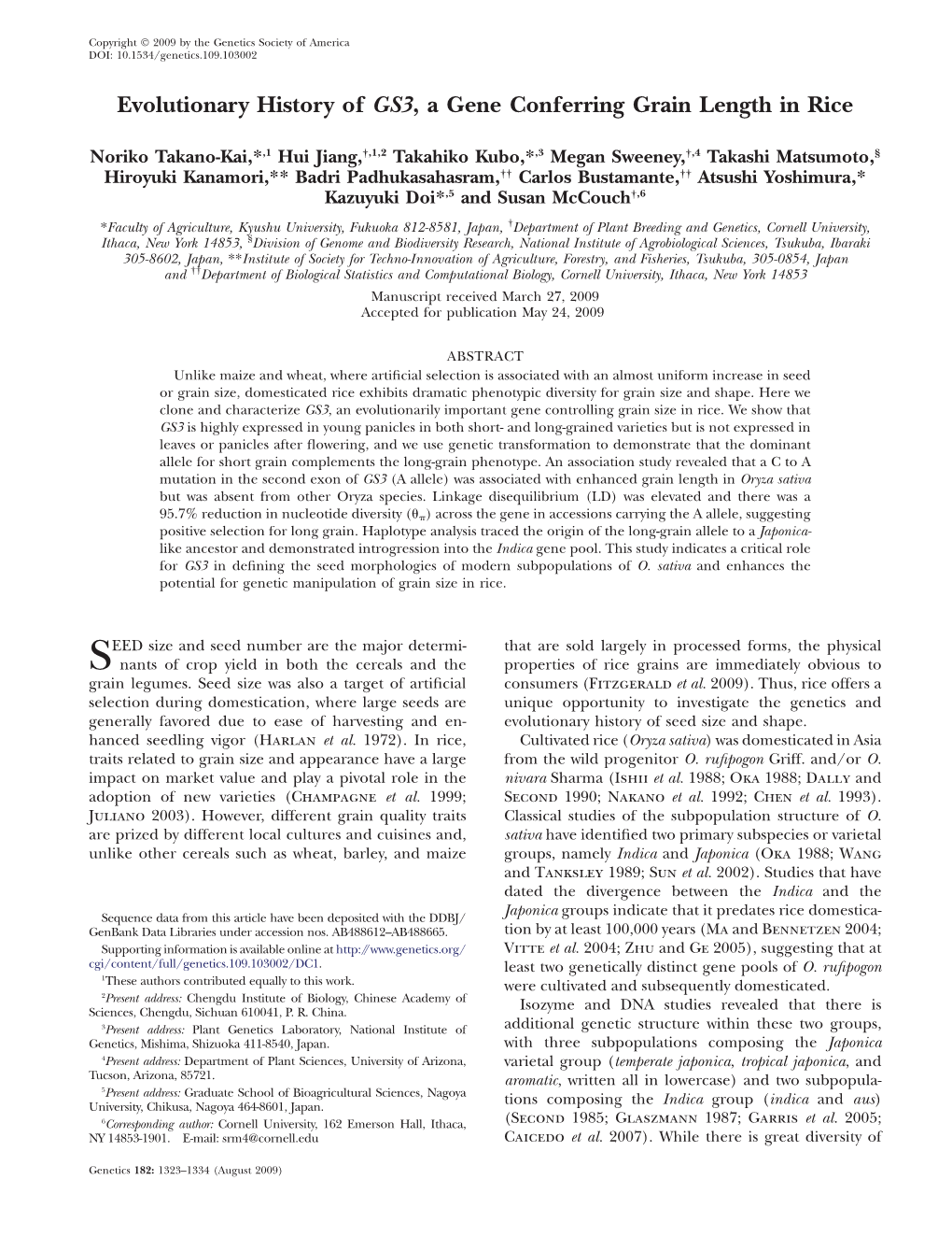 Evolutionary History of GS3, a Gene Conferring Grain Length in Rice