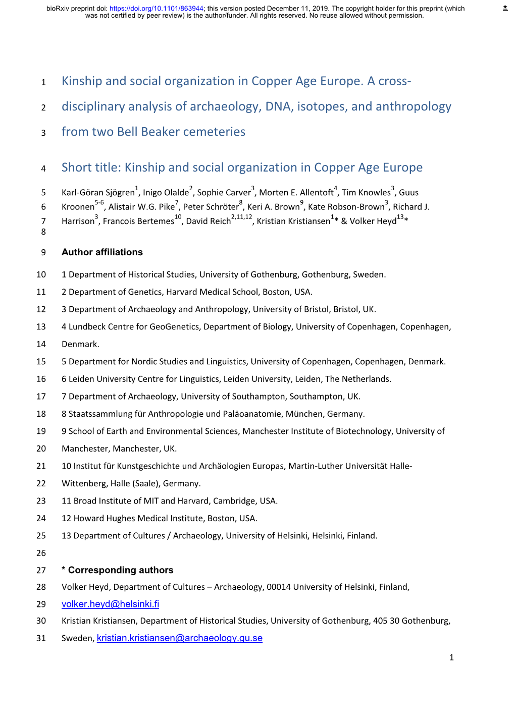 Kinship and Social Organization in Copper Age Europe. a Cross-Disciplinary Analysis of Archaeology, DNA, Isotopes, and Anthropol