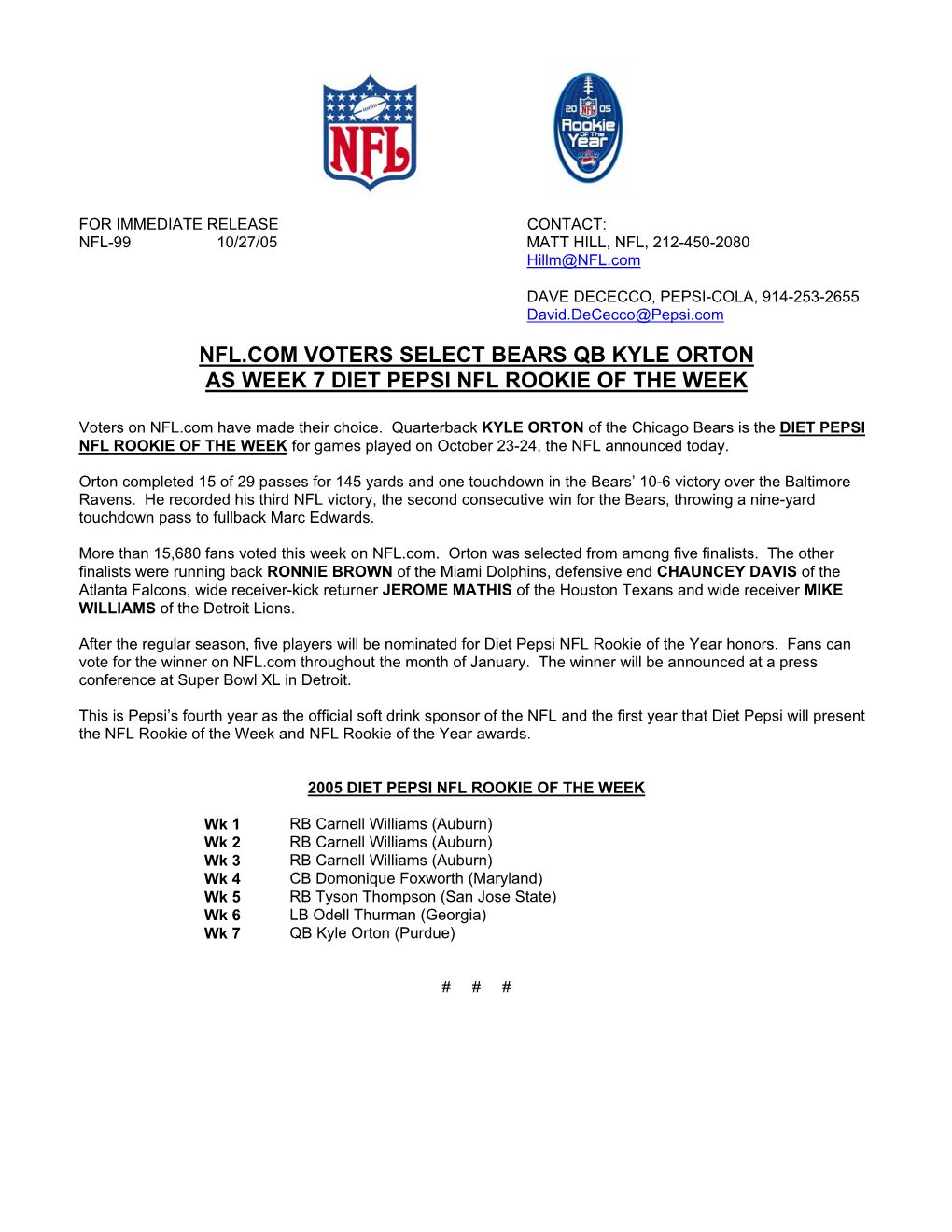 Nfl.Com Voters Select Bears Qb Kyle Orton As Week 7 Diet Pepsi Nfl Rookie of the Week