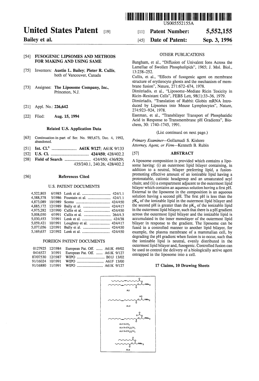 ||||||||||III US005.552155A United States Patent (19 11) Patent Number: 5,552,155 Bailey Et Al