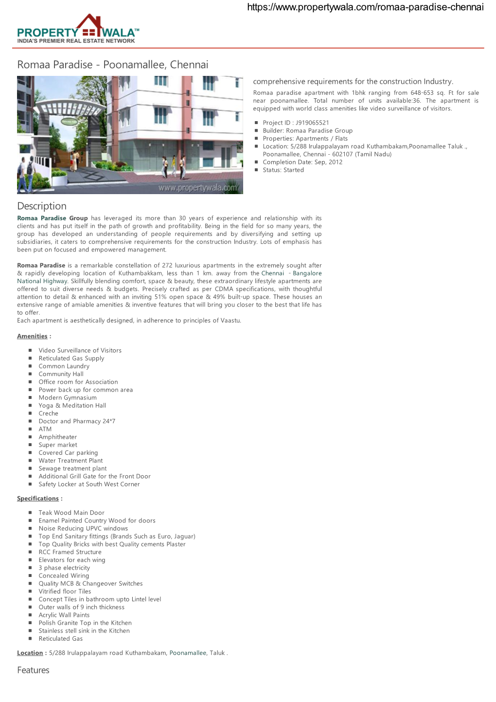 Romaa Paradise - Poonamallee, Chennai Comprehensive Requirements for the Construction Industry