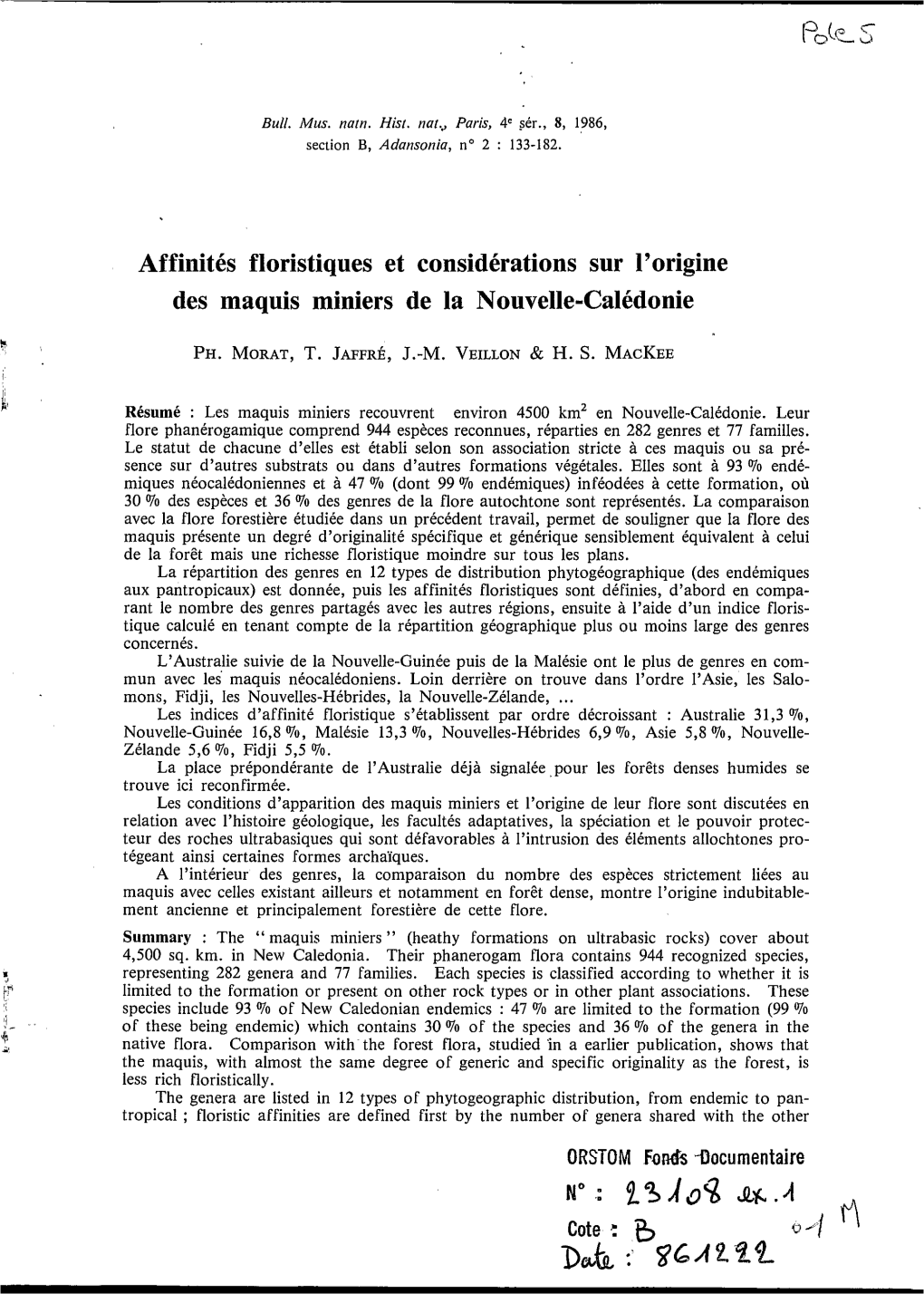 Affinités Floristiques Et Considérations Sur L'origine Des Maquis Miniers De