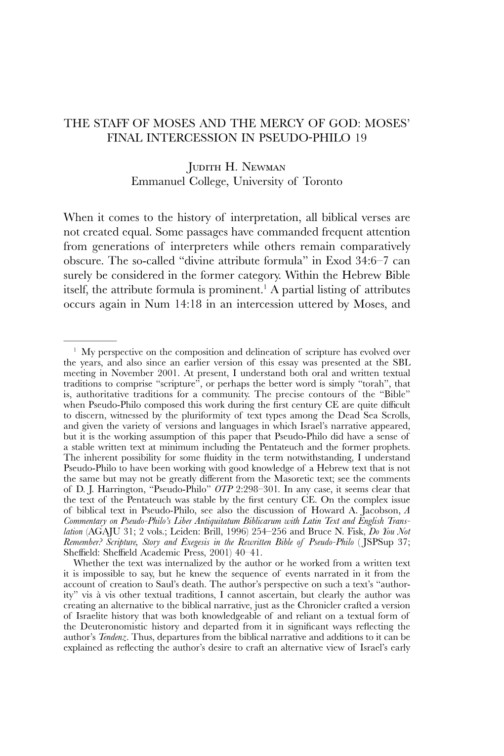 THE STAFF of MOSES and the MERCY of GOD: MOSES' FINAL INTERCESSION in PSEUDO-PHILO 19 Judith H. Newman Emmanuel College, Unive