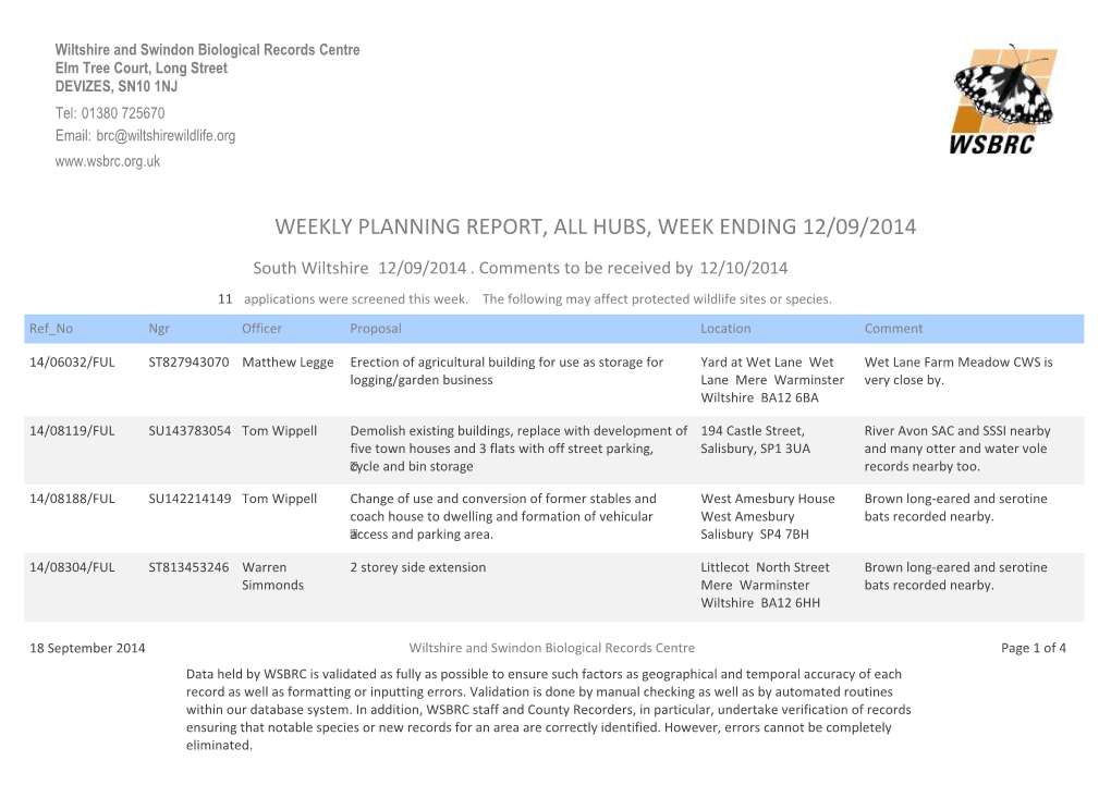 Wiltshire & Swindon Biological Records Centre Response