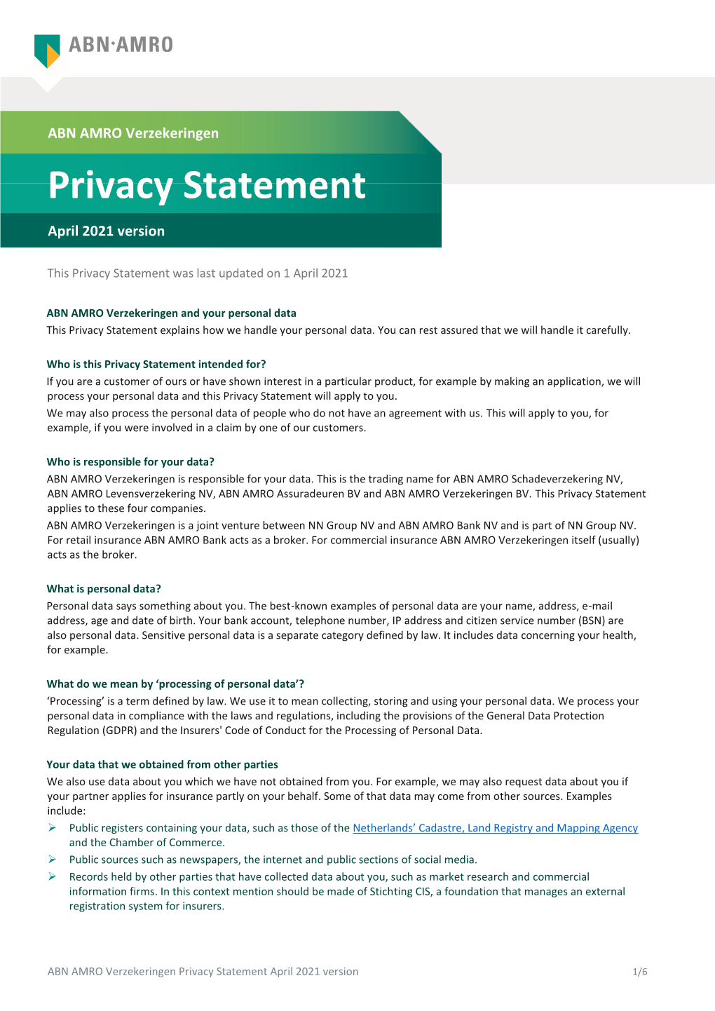 ABN AMRO Verzekeringen's Privacy Statement