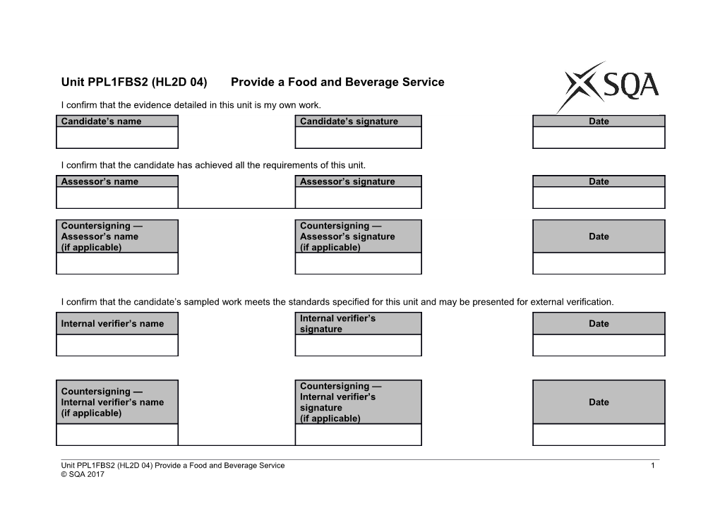 Unit PPL1FBS2 (HL2D 04) Provide a Food and Beverage Service