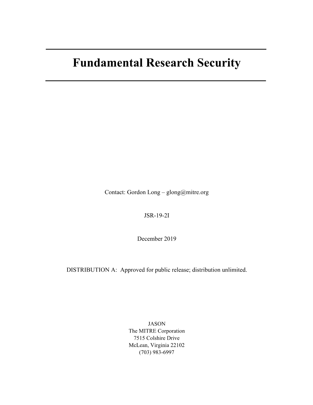 Fundamental Research Security, JASON Report