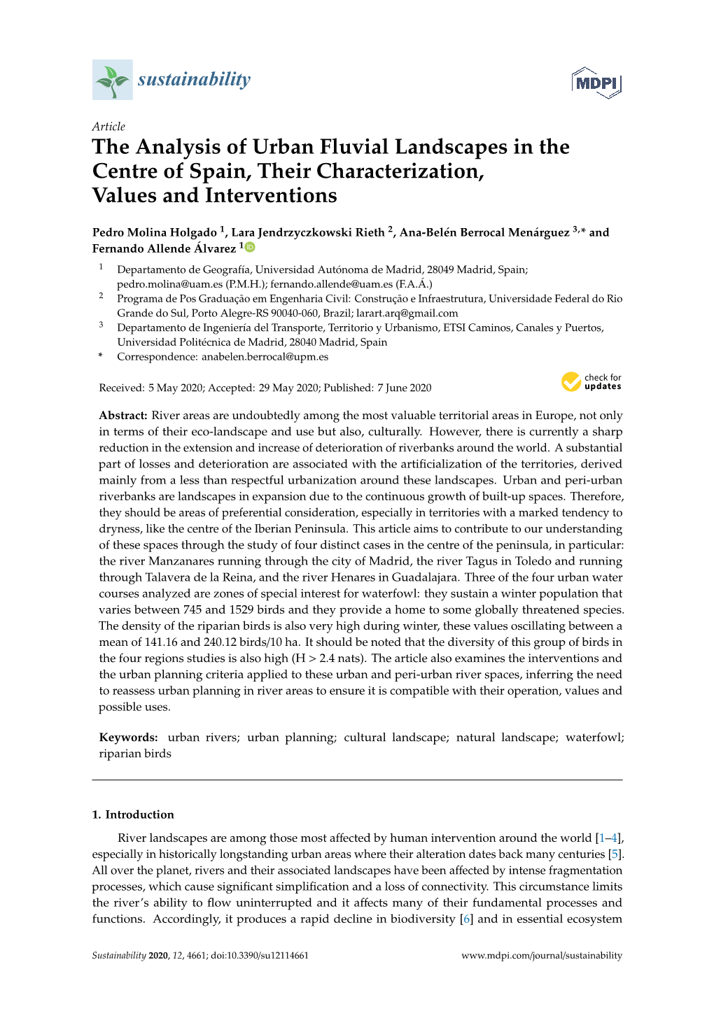 The Analysis of Urban Fluvial Landscapes in the Centre of Spain, Their Characterization, Values and Interventions