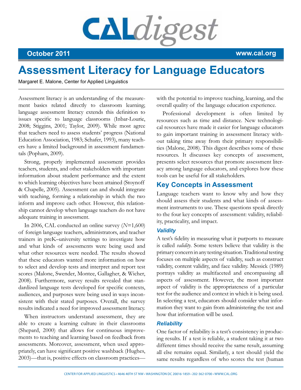 Assessment Literacy for Language Educators Margaret E