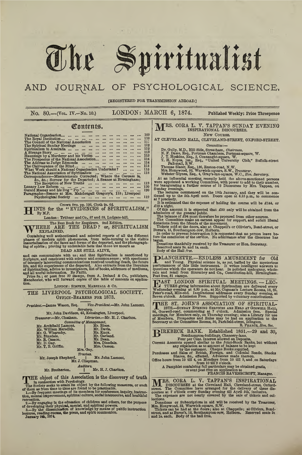 Or, SPIRITUALISM Tickets Sold at the Doors, Also at Chappell’S Or Ollivier’S, Bond-Street, Or EXPLAINED