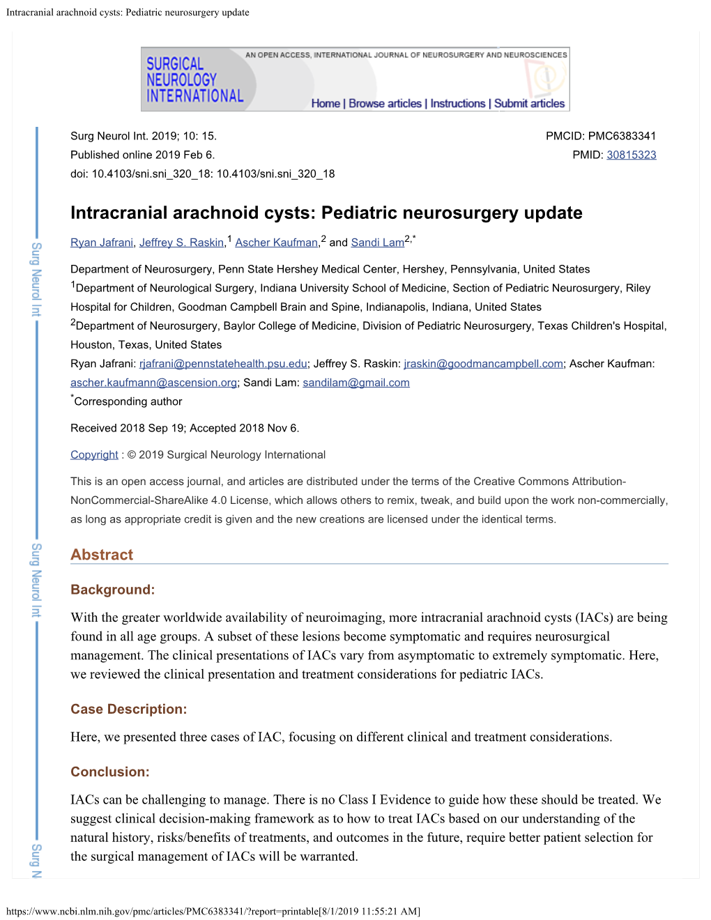 Intracranial Arachnoid Cysts: Pediatric Neurosurgery Update