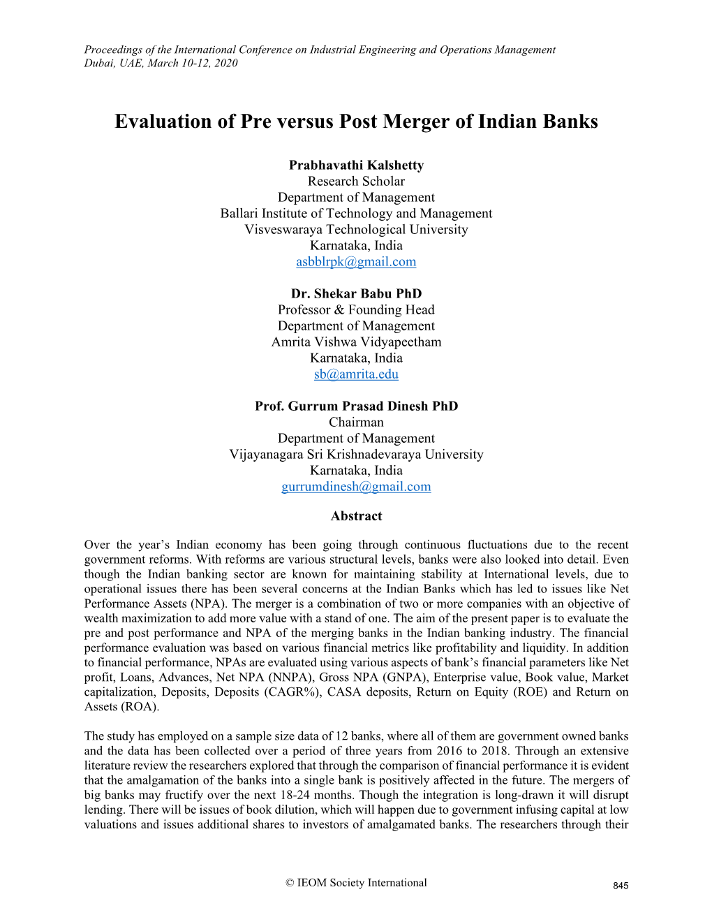 Evaluation of Pre Versus Post Merger of Indian Banks