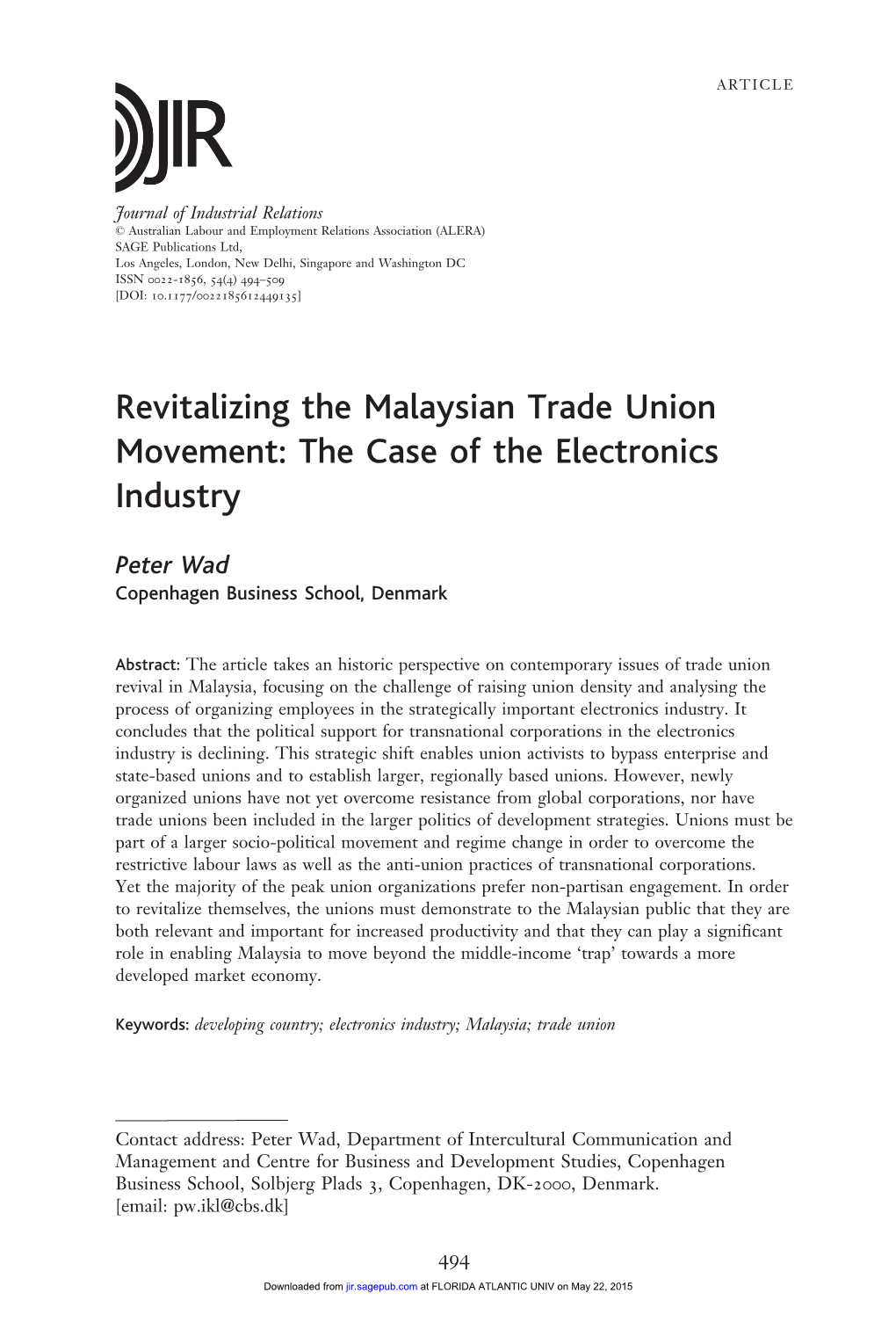 Revitalizing the Malaysian Trade Union Movement: the Case of the Electronics Industry