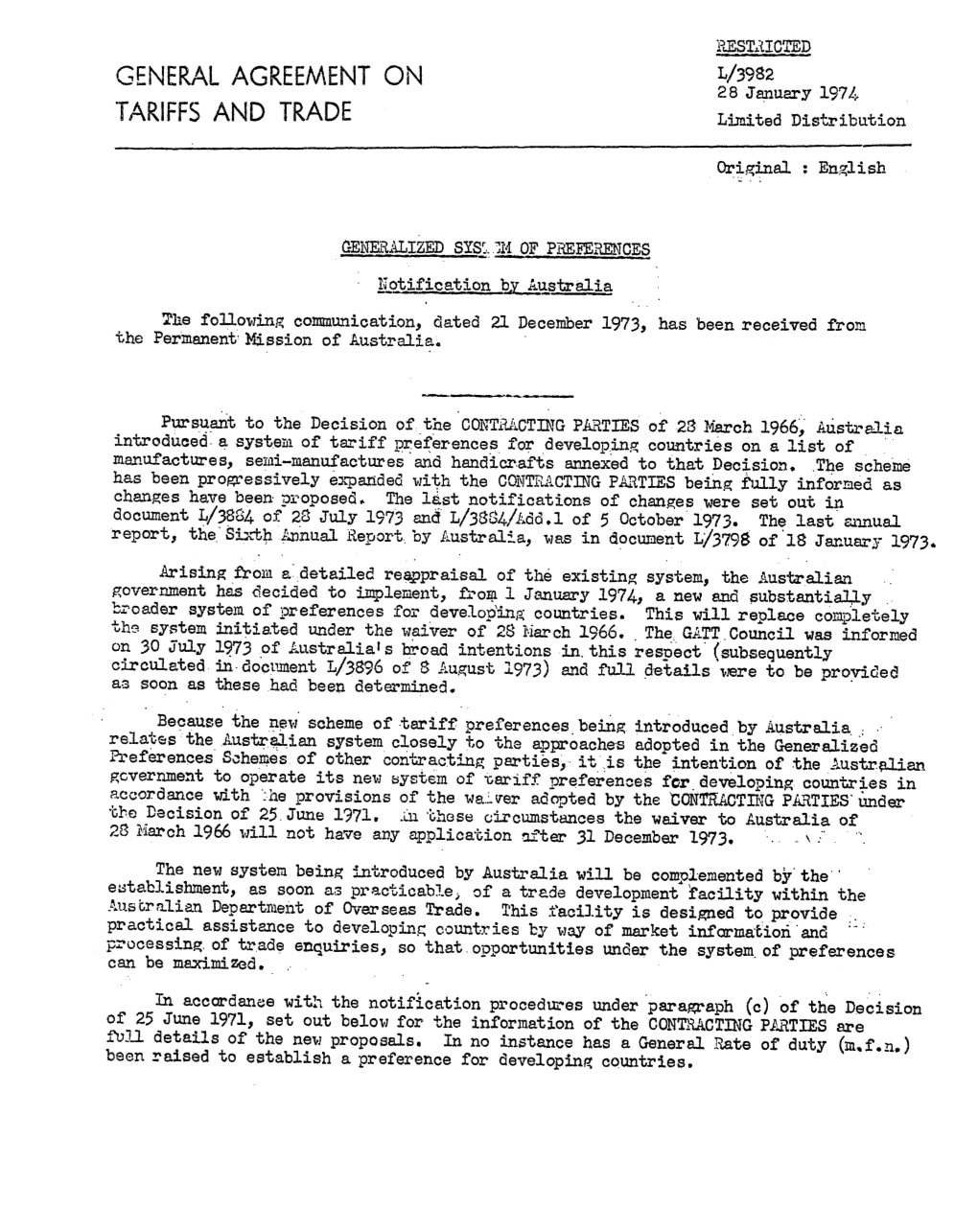 L/3982January 1974 TARIFFS and TRADE Limited Distribution