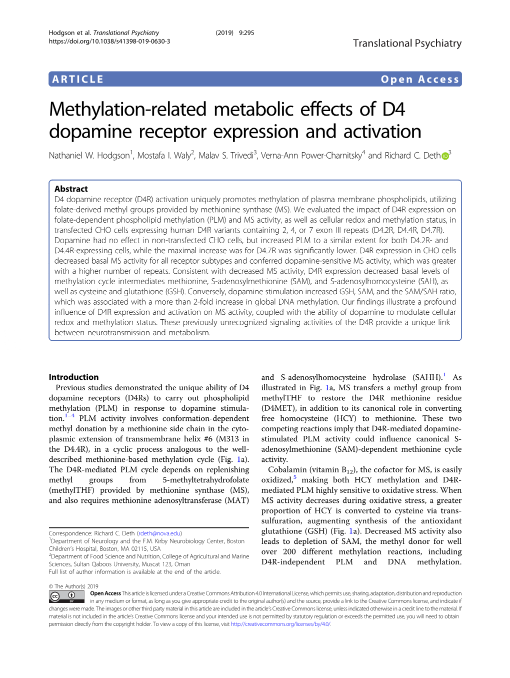 Methylation-Related Metabolic Effects of D4 Dopamine Receptor Expression and Activation Nathaniel W