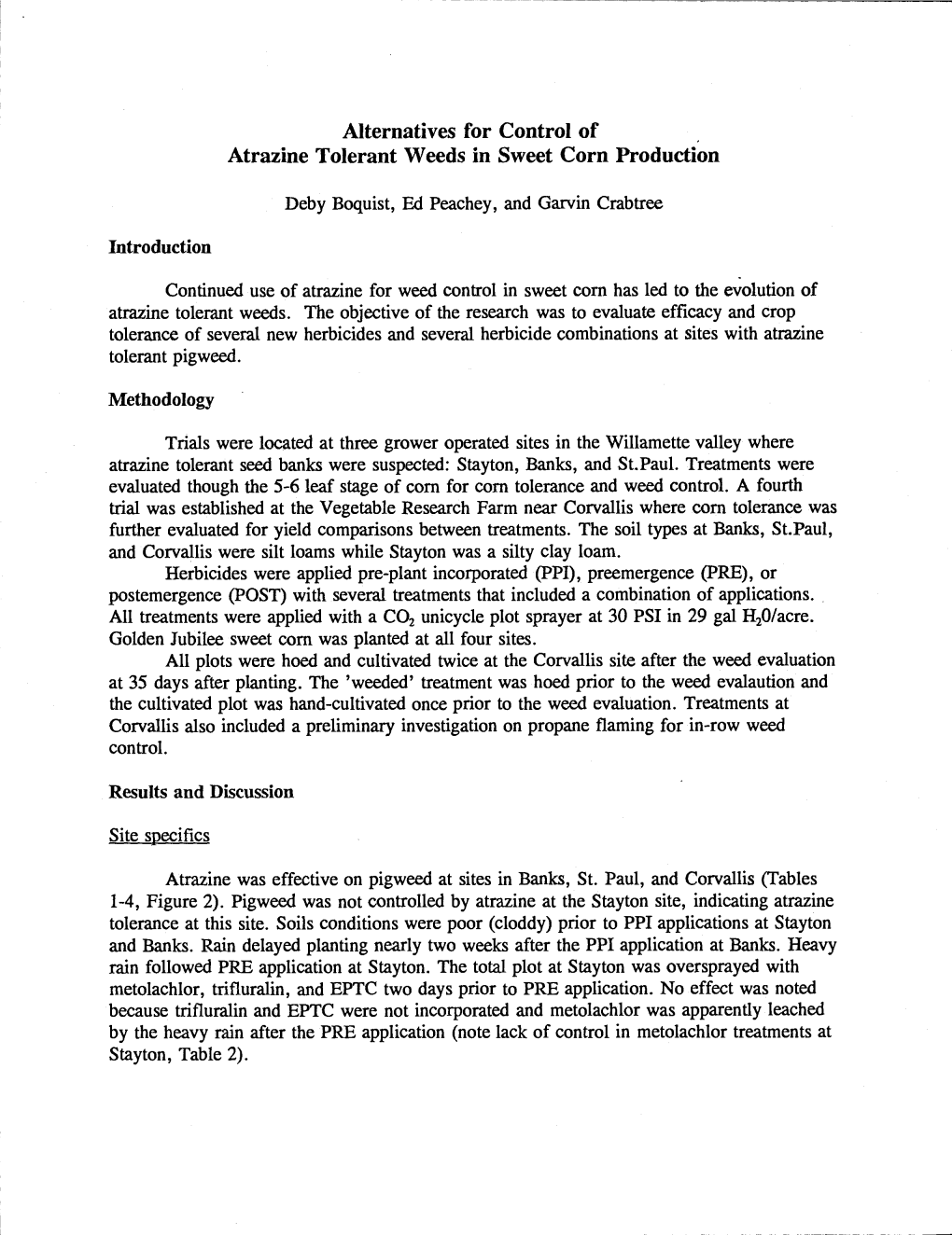 Alternatives for Control of Atrazine Tolerant Weeds in Sweet Corn Production