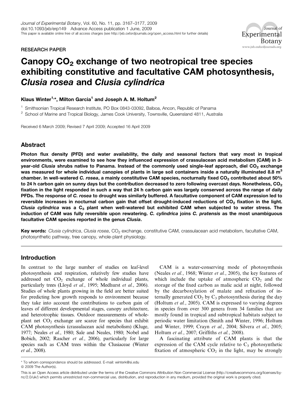 Canopy CO2 Exchange of Two Neotropical Tree Species Exhibiting Constitutive and Facultative CAM Photosynthesis, Clusia Rosea and Clusia Cylindrica