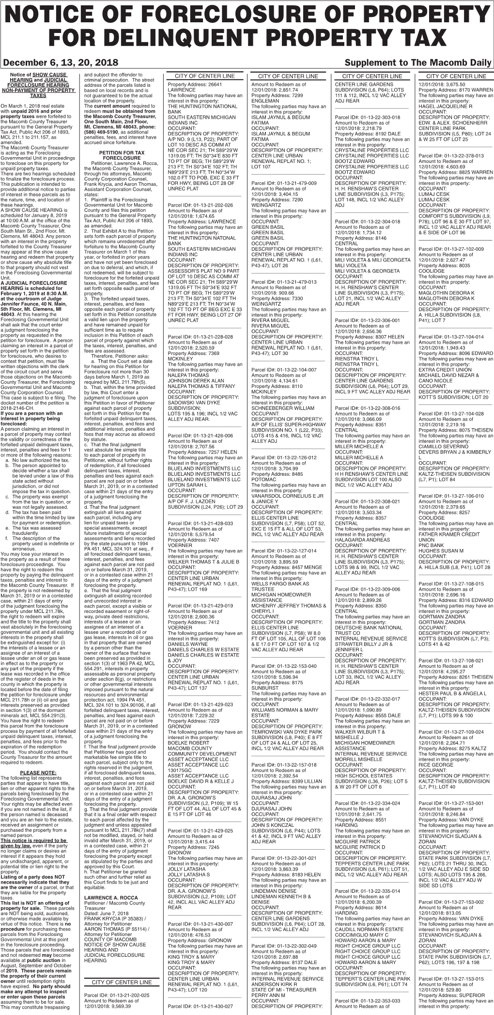 FOR DELINQUENT PROPERTY TAX December 6, 13, 20, 2018 Supplement to the Macomb Daily