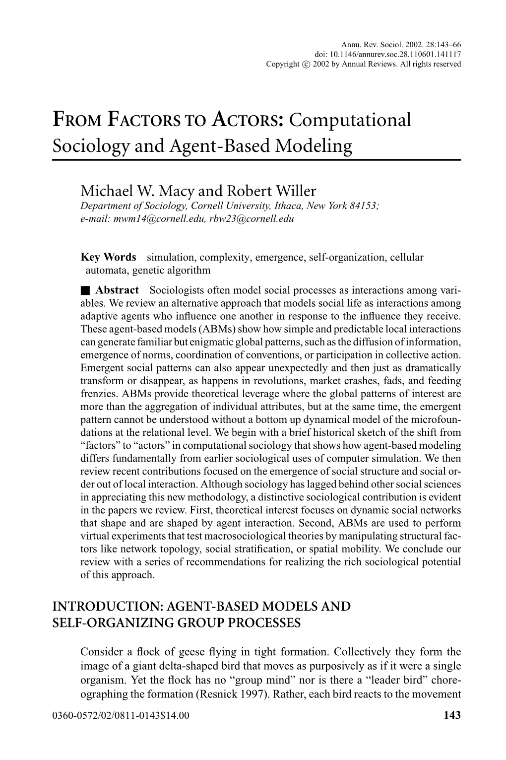 FROM FACTORS to ACTORS: Computational Sociology and Agent-Based Modeling