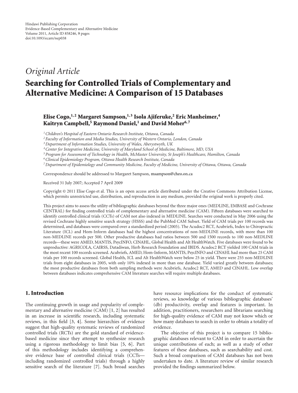 Searching for Controlled Trials of Complementary and Alternative Medicine: a Comparison of 15 Databases