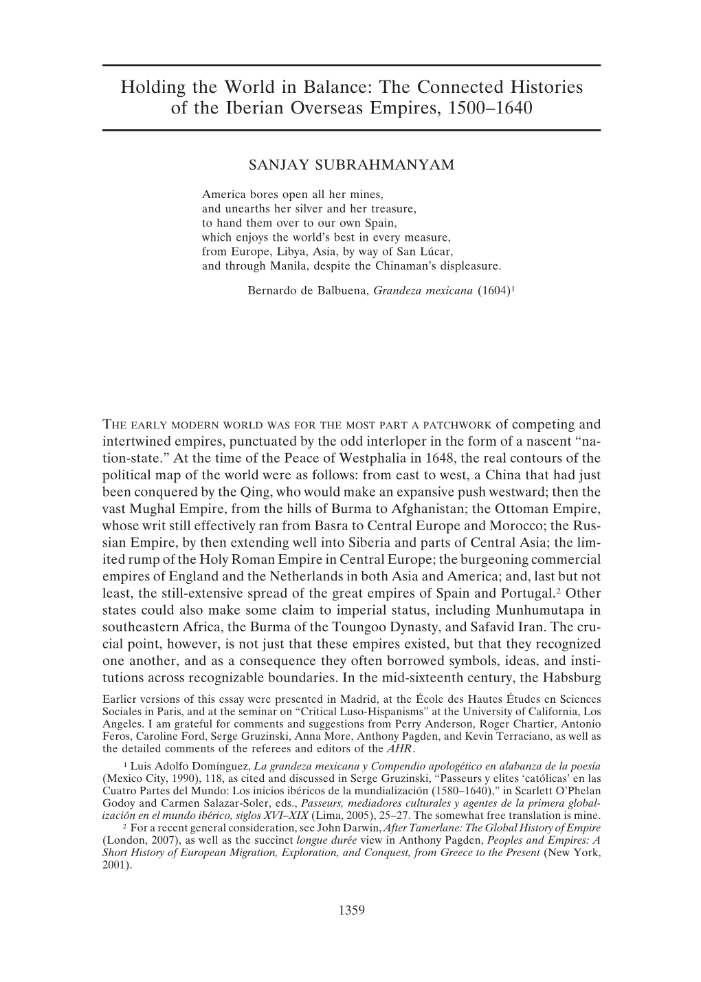 Holding the World in Balance: the Connected Histories of the Iberian Overseas Empires, 1500–1640