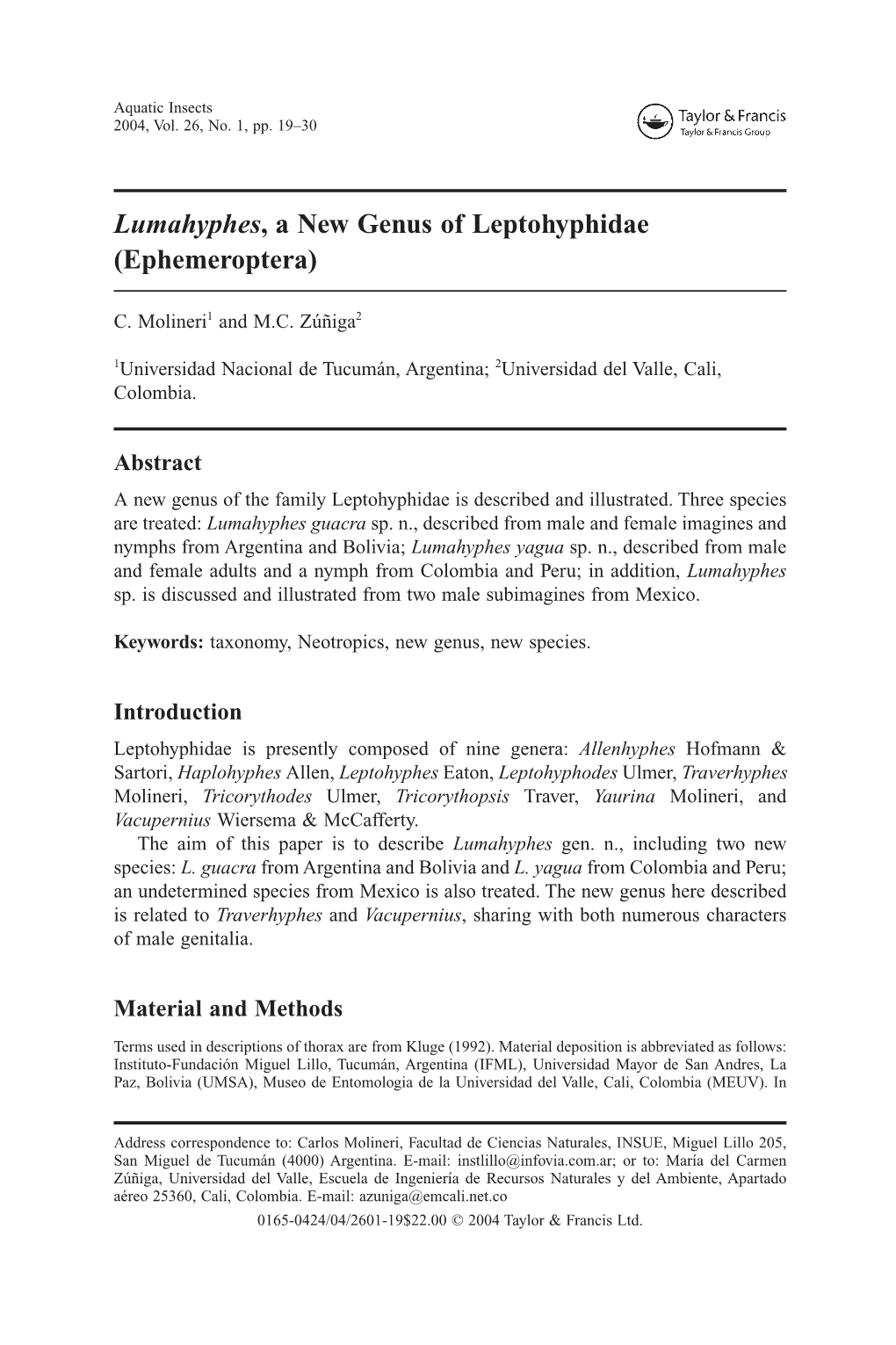 Lumahyphes, a New Genus of Leptohyphidae (Ephemeroptera)