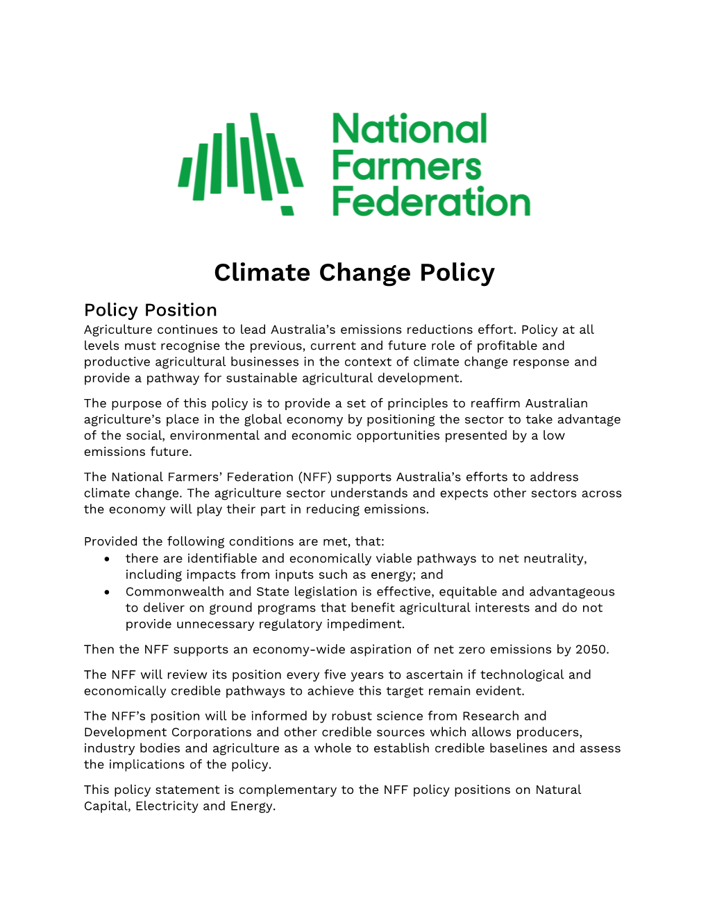 NFF Climate Change Policy