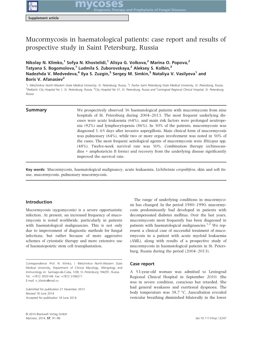 Mucormycosis in Haematological Patients: Case Report and Results of Prospective Study in Saint Petersburg, Russia