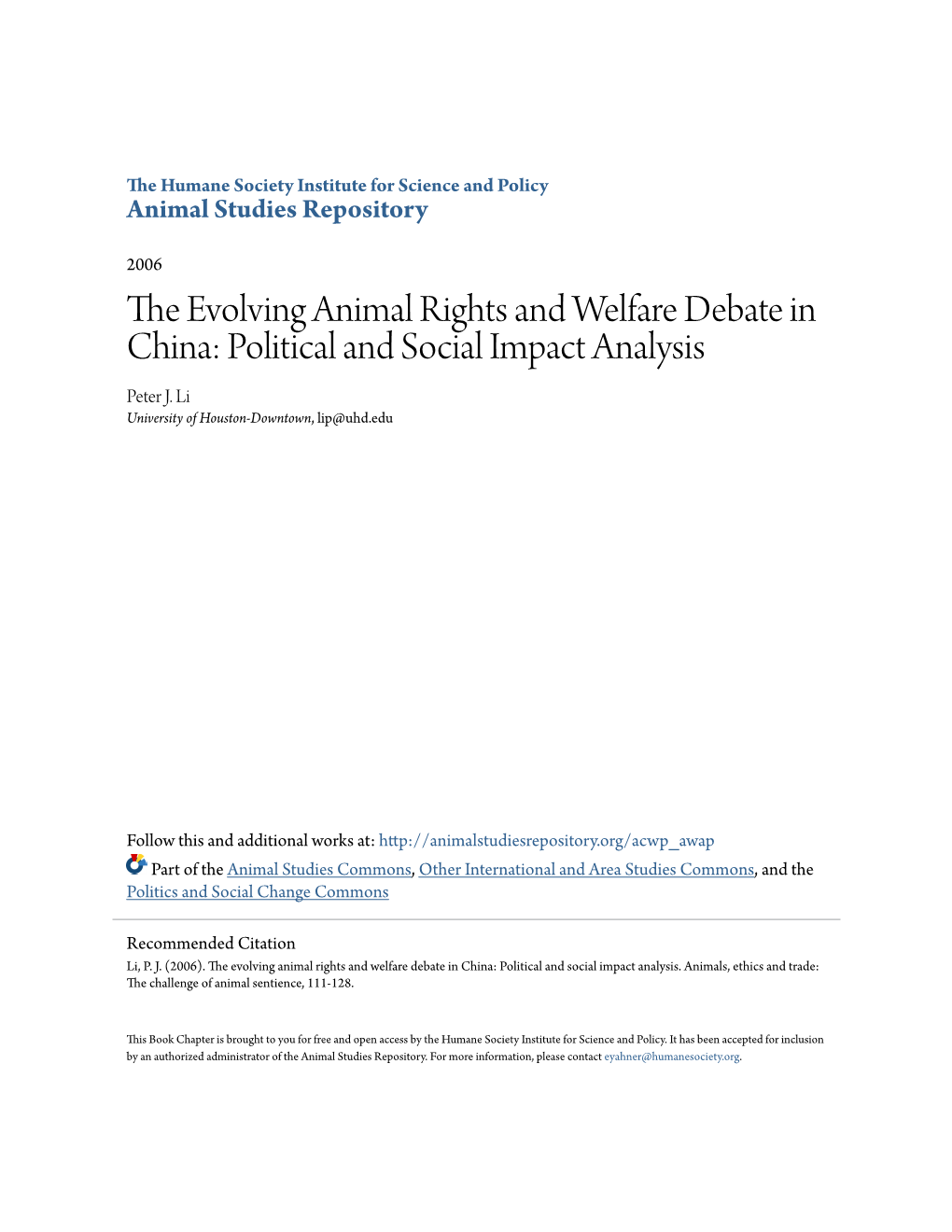 The Evolving Animal Rights and Welfare Debate in China: Political and Social Impact Analysis Peter J