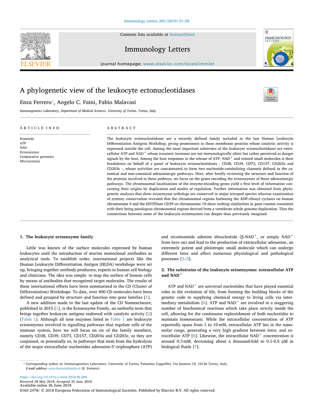 A Phylogenetic View of the Leukocyte Ectonucleotidases T ⁎ Enza Ferrero , Angelo C