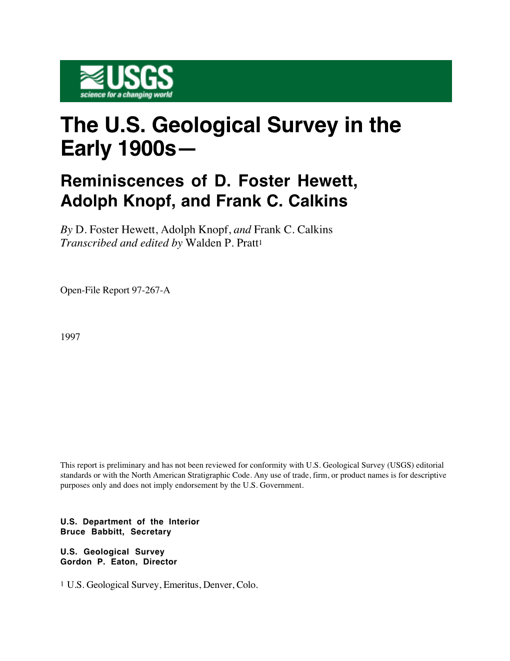 The USGS in the Early 1900S-Reminiscences of D. Foster