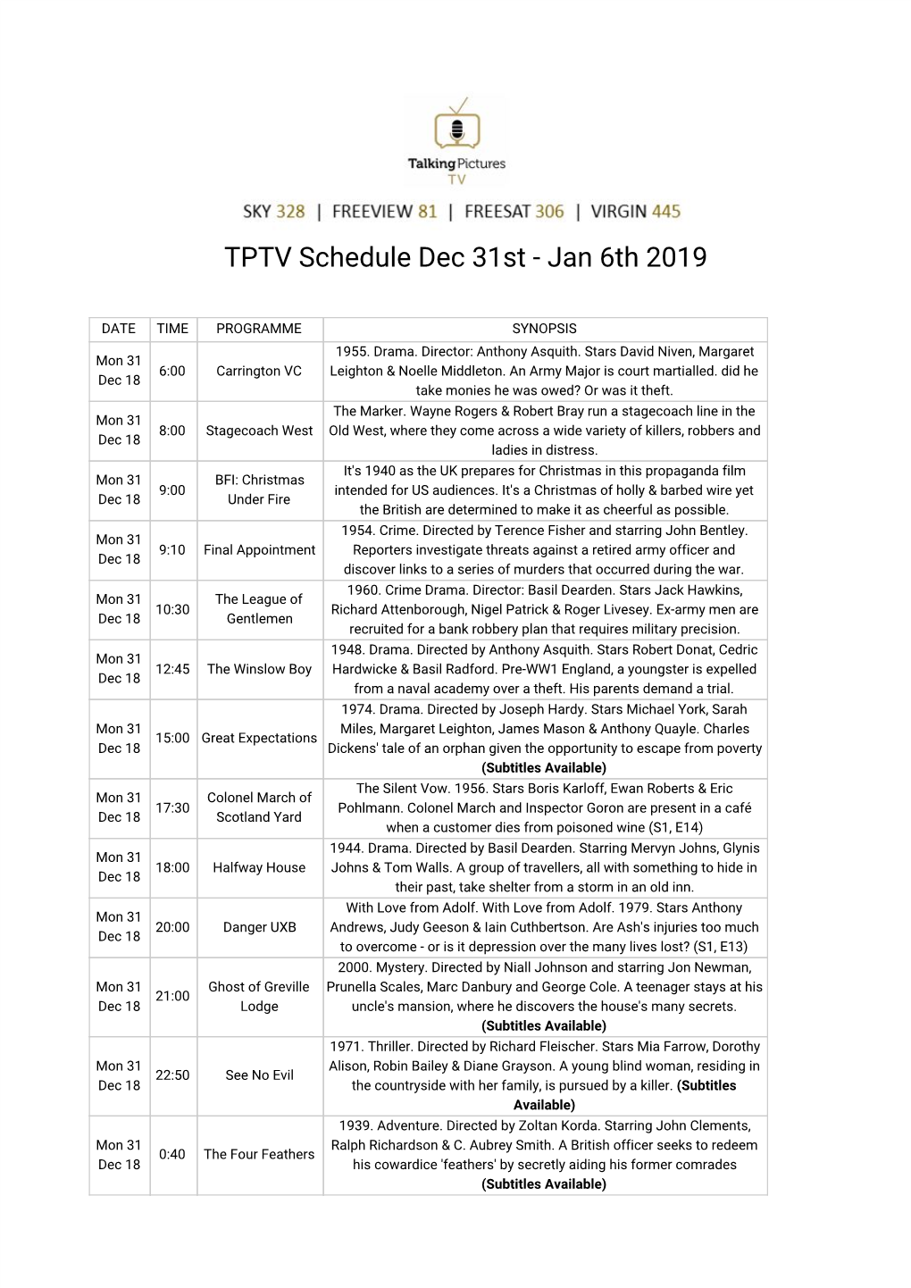 TPTV Schedule Dec 31St - Jan 6Th 2019